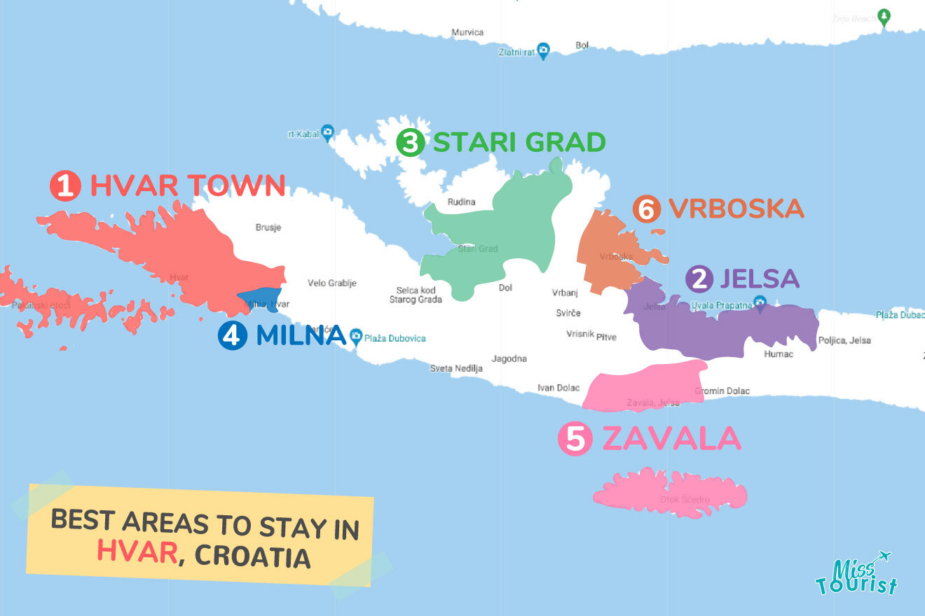 Map of best places to stay Hvar